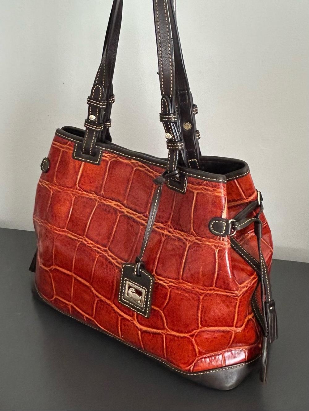 Dooney & Bourke Cognac Croc Embossed Leather Large Tote Shoulder Bag - Picture 7 of 15